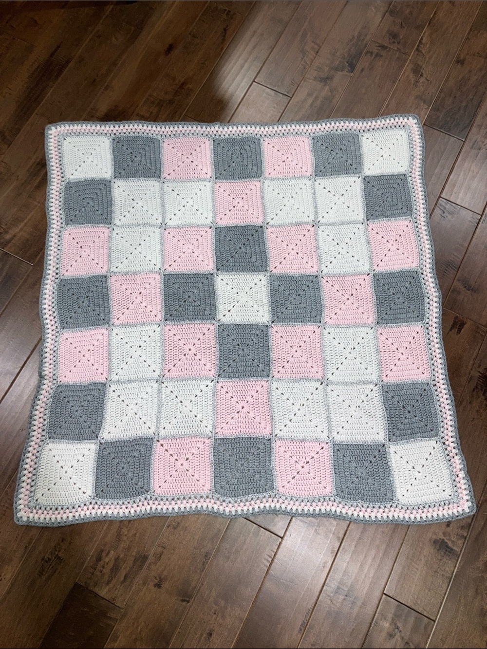 Handmade Pink & White & Grey Crochet Baby Blanket - 40” x 43”